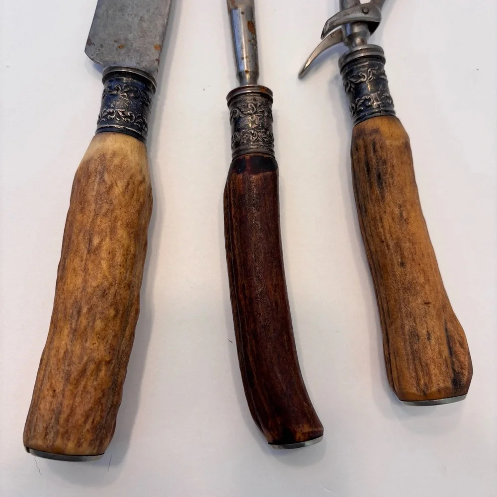 Antique Vintage Antler Handle Handle Carving Set w/ Silver Plated Ferrules Rare - Picture 2 of 14